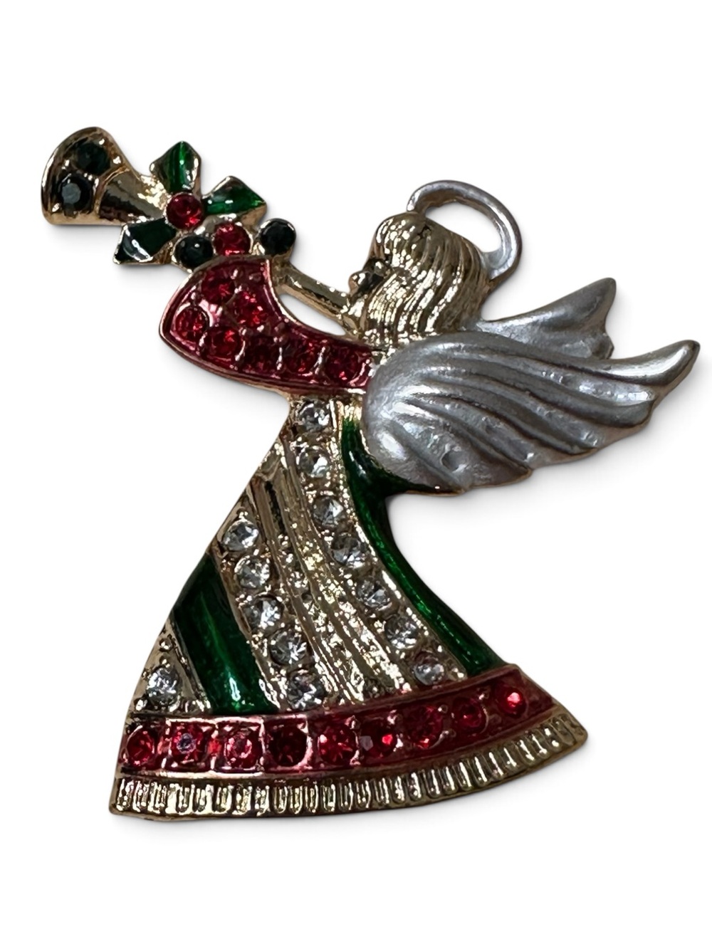 Rhinestone Enamel Christmas Angel Trumpet Brooch
